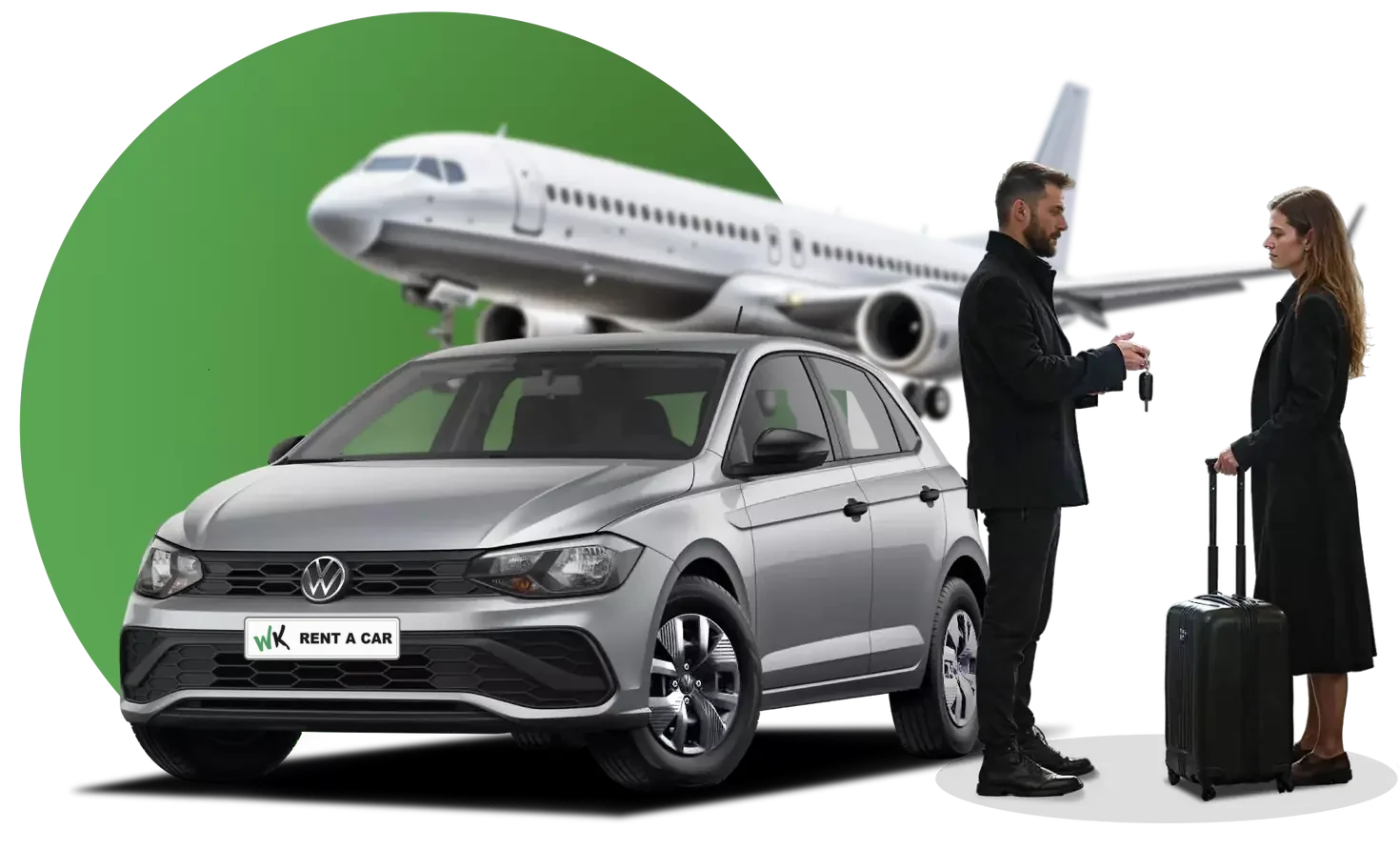 Volkswagen Polo de alquiler en Mijas entregado a una viajera con maleta, con un avión al fondo